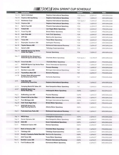 2014 NASCAR Schedule